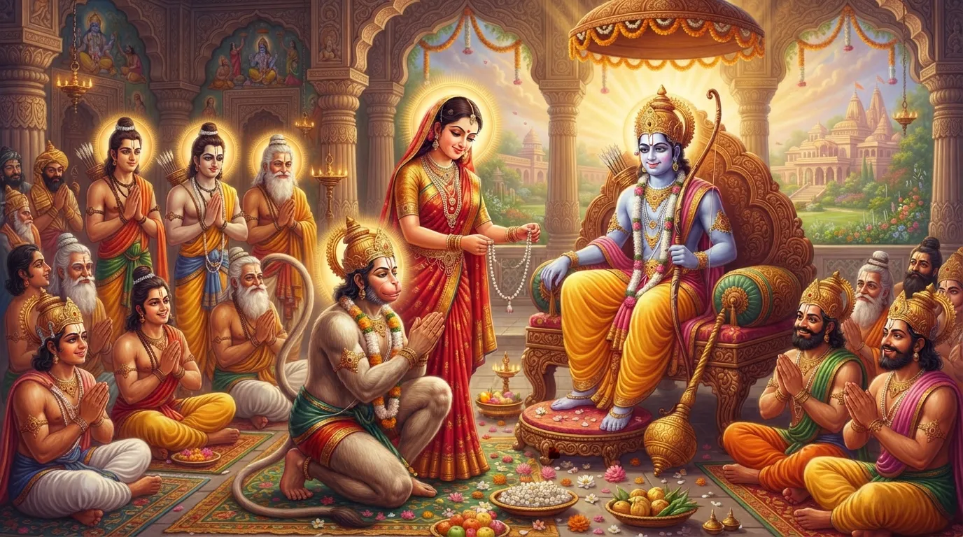 माता सीता अपने गले से मोतियों का एक सुंदर हार उतारकर स्नेह से हनुमान जी को पहना रही हैं। श्री राम मुस्कुरा रहे हैं और दरबार में सब प्रसन्न हैं।