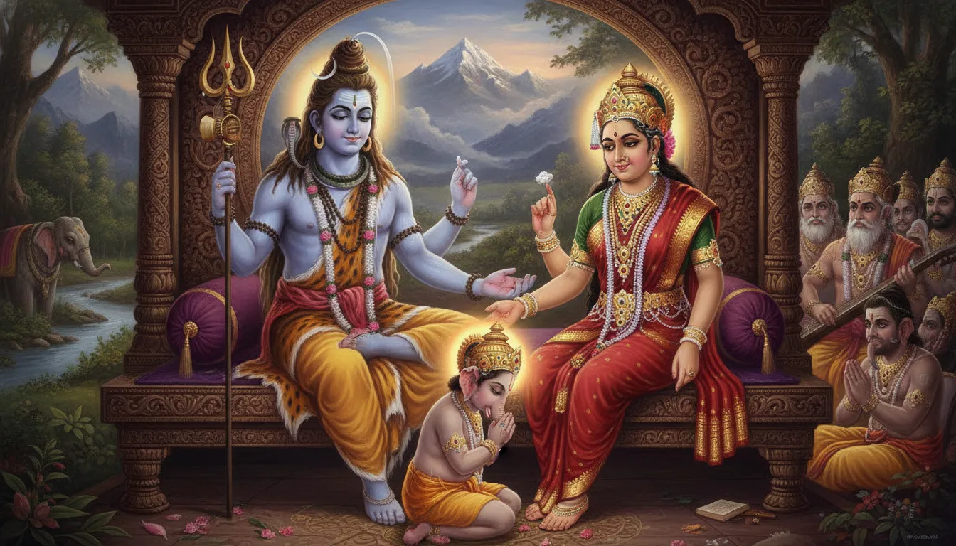 भगवान शिव और माता पार्वती एक ऊँचे आसन पर बैठे हैं, और बालक गणेश अपनी सूंड झुकाए, हाथ जोड़े हुए उनकी परिक्रमा कर रहे हैं। अन्य देवता पृष्ठभूमि में आश्चर्य से देख रहे हैं। दृश्य में भक्ति और वात्सल्य का भाव हो।