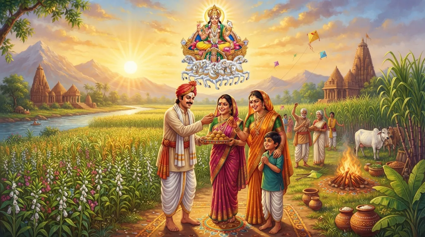 भारत के एक ग्रामीण खेत में किसान परिवार मकर संक्रांति मना रहा है। उगते हुए सूरज की सुनहरी रोशनी खेतों पर पड़ रही है, जिसमें तिल और गन्ने की फसल लहलहा रही है। लोग खुशी-खुशी एक दूसरे को तिल-गुड़ के लड्डू दे रहे हैं।
