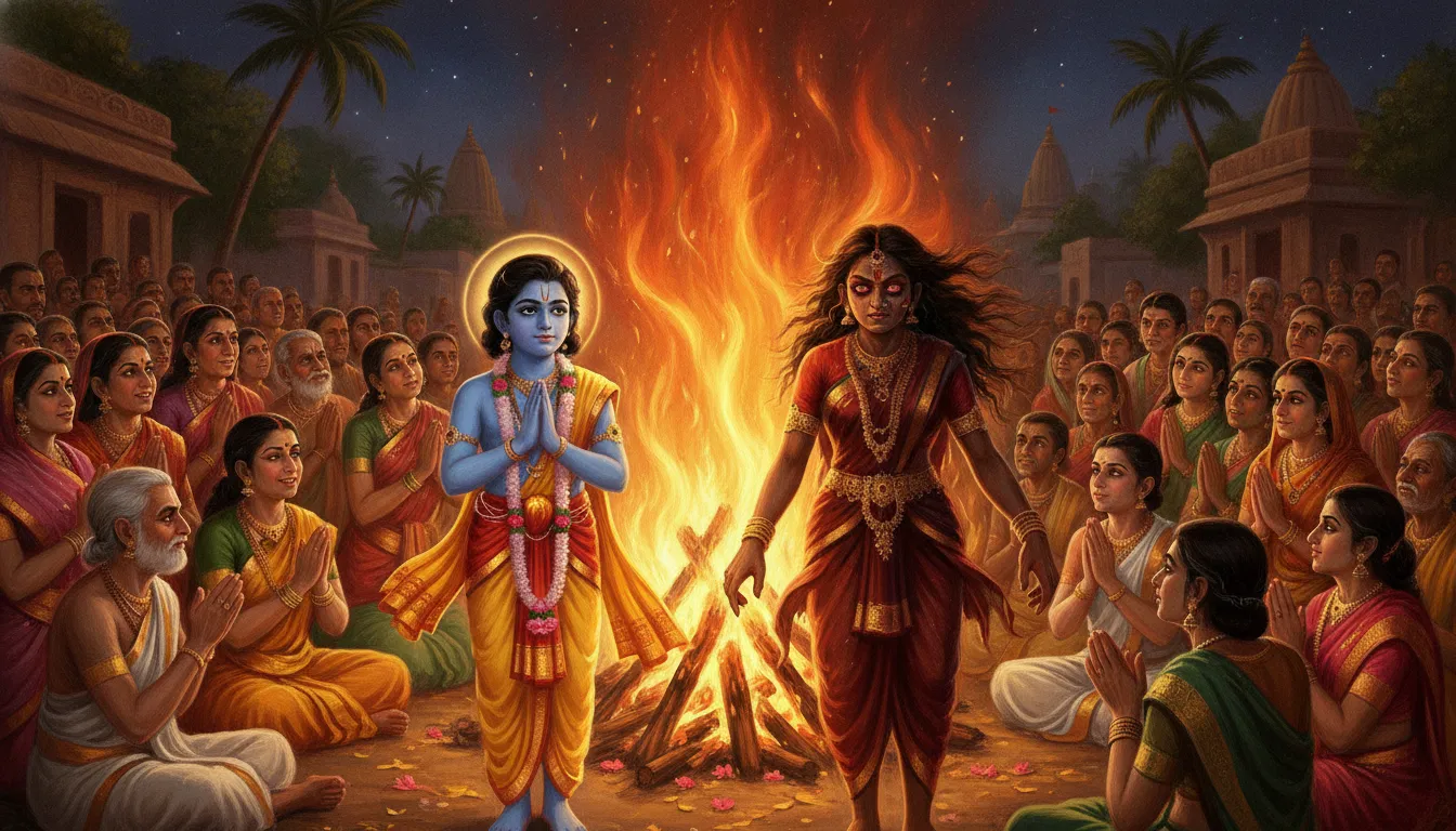लोग एक विशाल होलिका दहन के पास खड़े हैं, रात का समय है, आग ऊँची लपटों के साथ जल रही है, उनके चेहरों पर श्रद्धा और आनंद का भाव है।