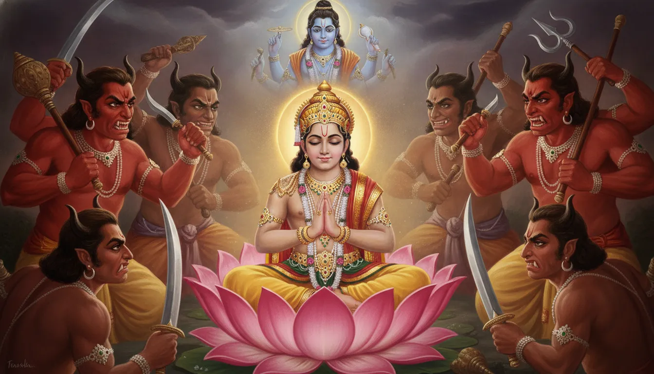 भक्त प्रहलाद एक कमल पर बैठे हैं, उनके आसपास दैत्य क्रोधित मुद्रा में हैं लेकिन प्रहलाद शांत और निश्चिंत होकर भगवान विष्णु का ध्यान कर रहे हैं।