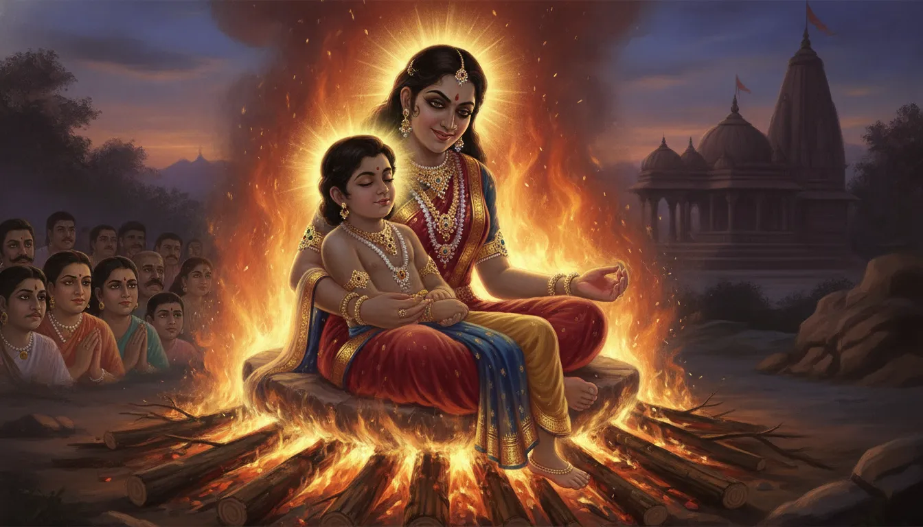 होलिका प्रहलाद को अपनी गोद में लेकर जलती चिता पर बैठी है, होलिका के चेहरे पर गर्व और दुष्टता है, लेकिन प्रहलाद निश्चिंत दिख रहे हैं। एक दिव्य वस्त्र प्रहलाद को ढँक रहा है।