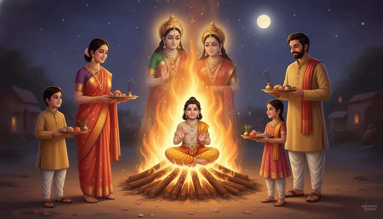एक आधुनिक परिवार होलिका दहन के चारों ओर परिक्रमा कर रहा है, उनके हाथों में पूजा की सामग्री है, उनके चेहरे पर खुशी और शांति है।