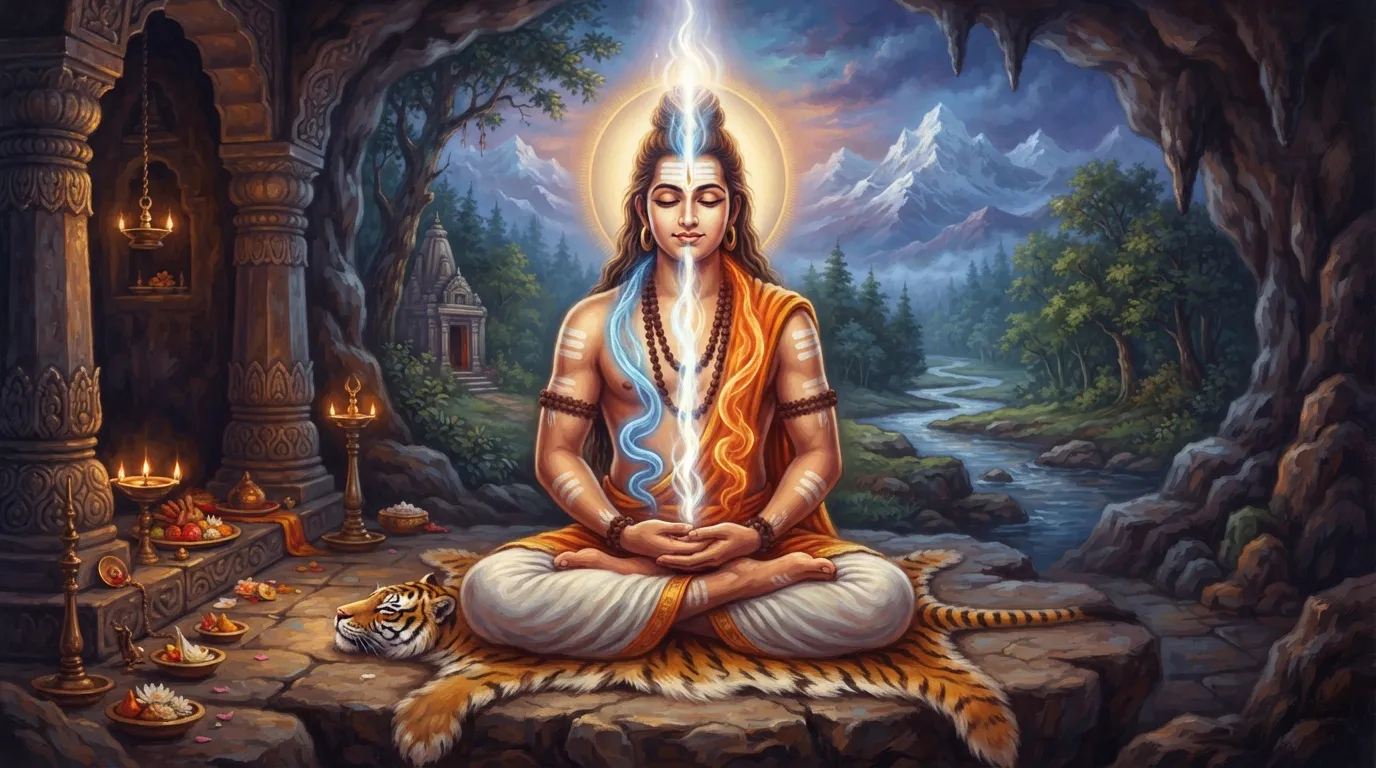 एक योगी की ध्यान मुद्रा में बैठी हुई शांत छवि, जिसमें शरीर के भीतर रीढ़ की हड्डी के साथ तीन सूक्ष्म ऊर्जा धाराएं दिखाई दे रही हैं। बाईं ओर एक ठंडी नीली धारा (इड़ा), दाईं ओर एक गर्म नारंगी धारा (पिंगला) और बीच में एक चमकदार सफ़ेद धारा (सुषुम्ना) ऊपर की ओर जा रही है।