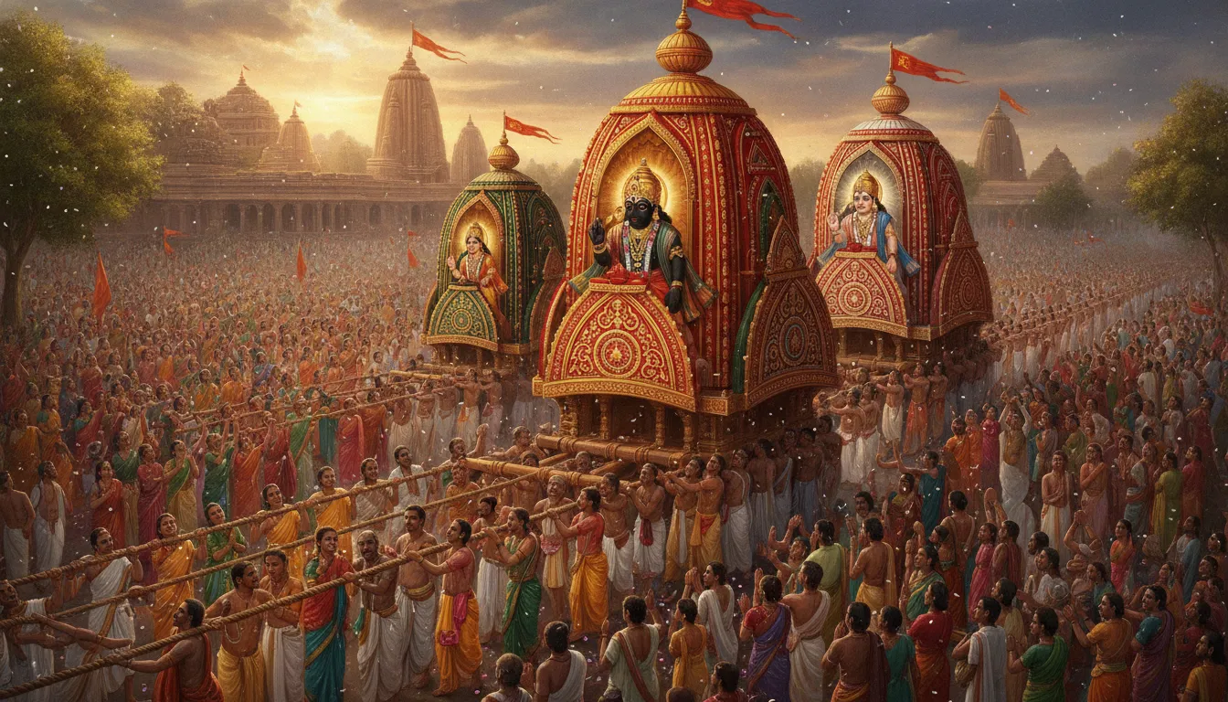 जगन्नाथ रथ यात्रा के विशाल रथों को खींचते हुए लाखों भक्त, ऊर्जा और श्रद्धा से भरे हुए।