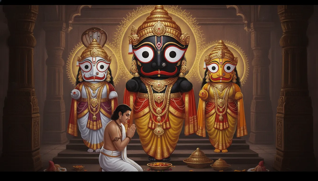भगवान जगन्नाथ, बलभद्र और सुभद्रा की अधूरी पर अद्भुत मूर्तियों के पास, एक भक्त श्रद्धापूर्वक प्रार्थना कर रहा है।