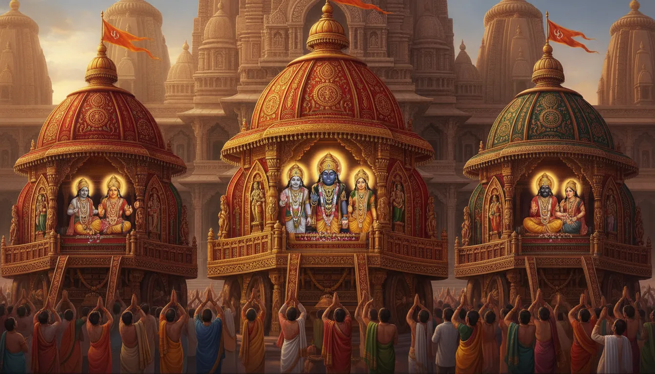 पुरी के श्री जगन्नाथ मंदिर के सामने विशाल, लकड़ी के रथ खड़े हैं, जिन पर बारीक नक्काशी की गई है, सूरज की रोशनी में चमकते हुए।