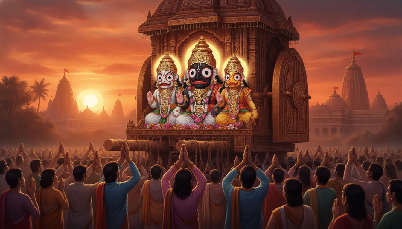 हजारों लोग भगवान जगन्नाथ के रथ के सामने हाथ जोड़े खड़े हैं, उनकी आँखों में भक्ति और शांति का भाव है, सूरज ढल रहा है।