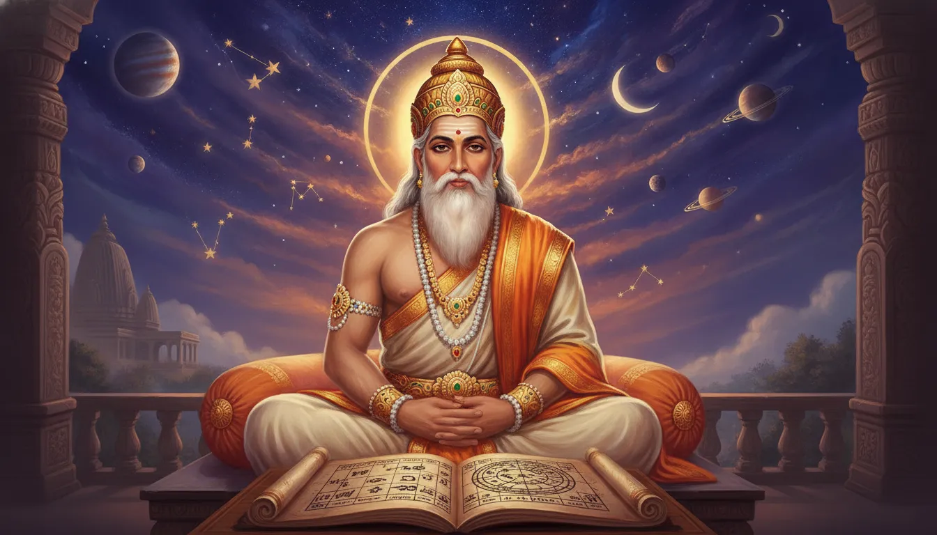 एक प्राचीन ज्योतिष ऋषि शांत मुद्रा में बैठे हैं, उनके सामने एक ताड़पत्र पर जन्मपत्री बनी है और ऊपर आकाश में ग्रह-नक्षत्रों का सुंदर चित्रण है।