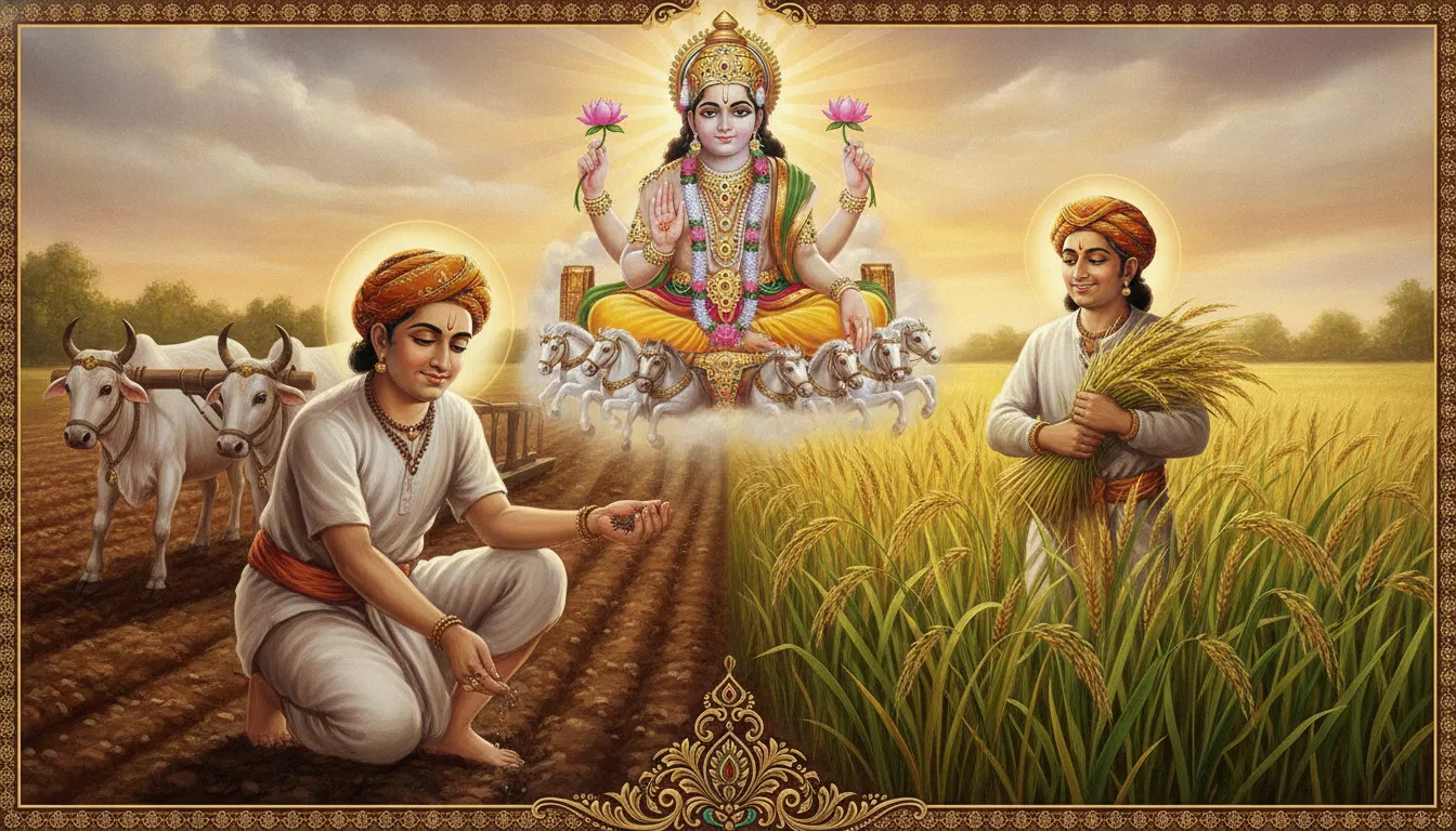 एक किसान खेत में बीज बो रहा है और साथ ही दूसरी तरफ़ उसी खेत में फसल लहलहा रही है, जो कर्म और फल के संबंध को दर्शाता है।