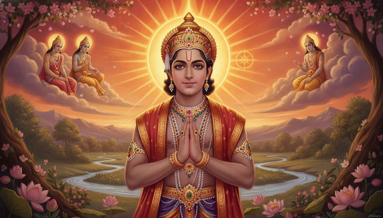 एक व्यक्ति उगते सूरज की तरफ़ हाथ जोड़कर प्रार्थना कर रहा है, उसके चेहरे पर शांति और विश्वास का भाव है, और आसपास का वातावरण भी सकारात्मक ऊर्जा से भरा है।