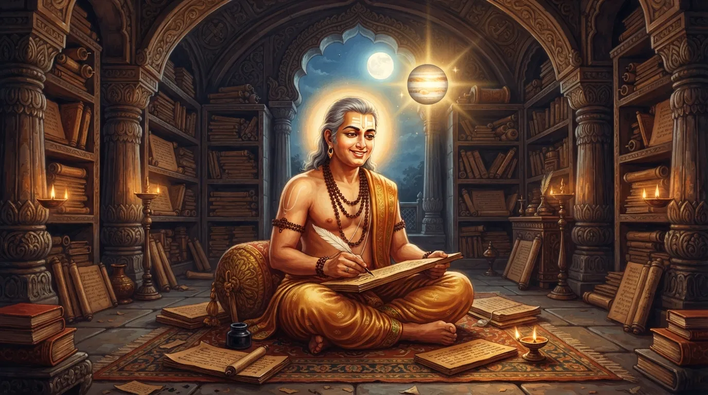 एक शांत और दिव्य आभा वाले व्यक्ति की तस्वीर जो एक भव्य पुस्तकालय में बैठा है, उसके चेहरे पर ज्ञान और संतुष्टि का भाव है। पृष्ठभूमि में चंद्रमा और बृहस्पति ग्रह की हल्की सुनहरी चमक दिखाई दे रही है, जो गजकेसरी योग का प्रतीक है।