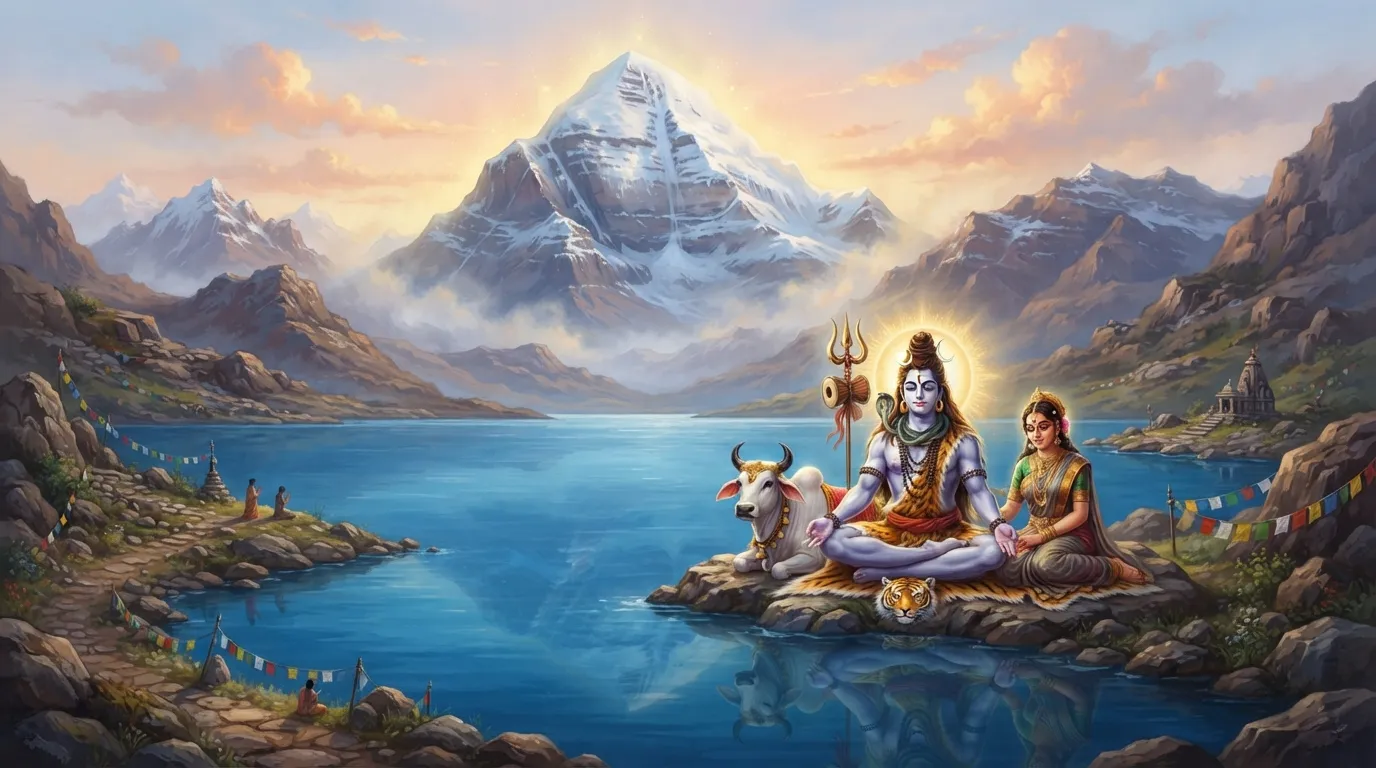 कैलाश पर्वत की पिरामिड जैसी बर्फ से ढकी चोटी और उसके सामने नीले पानी वाली मानसरोवर झील का शांत विहंगम दृश्य