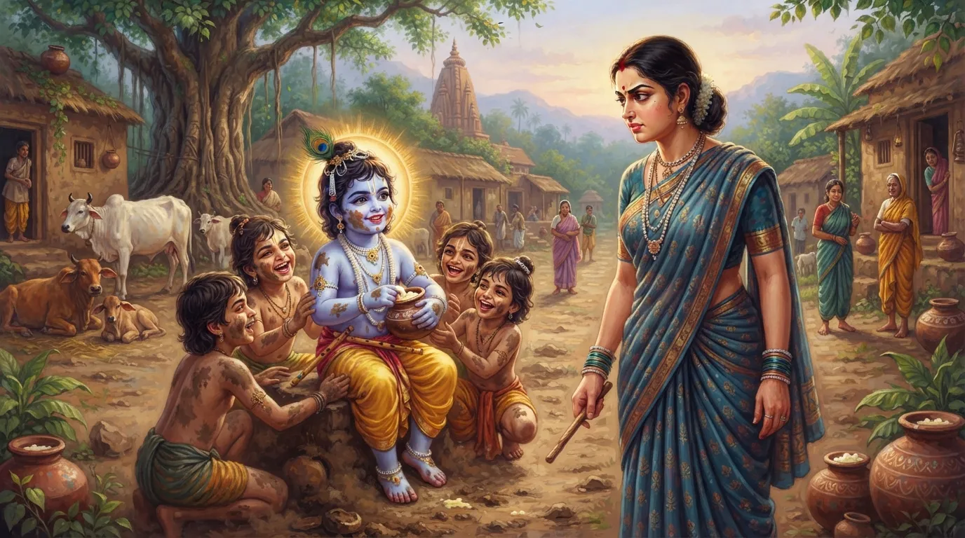 नन्हे बाल कृष्ण गोकुल की मिट्टी में सखाओं के साथ खेलते हुए, मुख पर माटी लगी है और मां यशोदा हाथ में छोटी छड़ी लिए सामने खड़ी हैं
