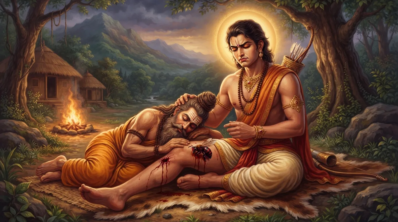 कर्ण अपनी जांघ पर गुरु परशुराम का सिर रखकर बैठे हैं। एक कीड़ा उनकी जांघ को काट रहा है और खून बह रहा है, पर कर्ण के चेहरे पर पीड़ा के साथ गुरु के प्रति सम्मान का भाव है।