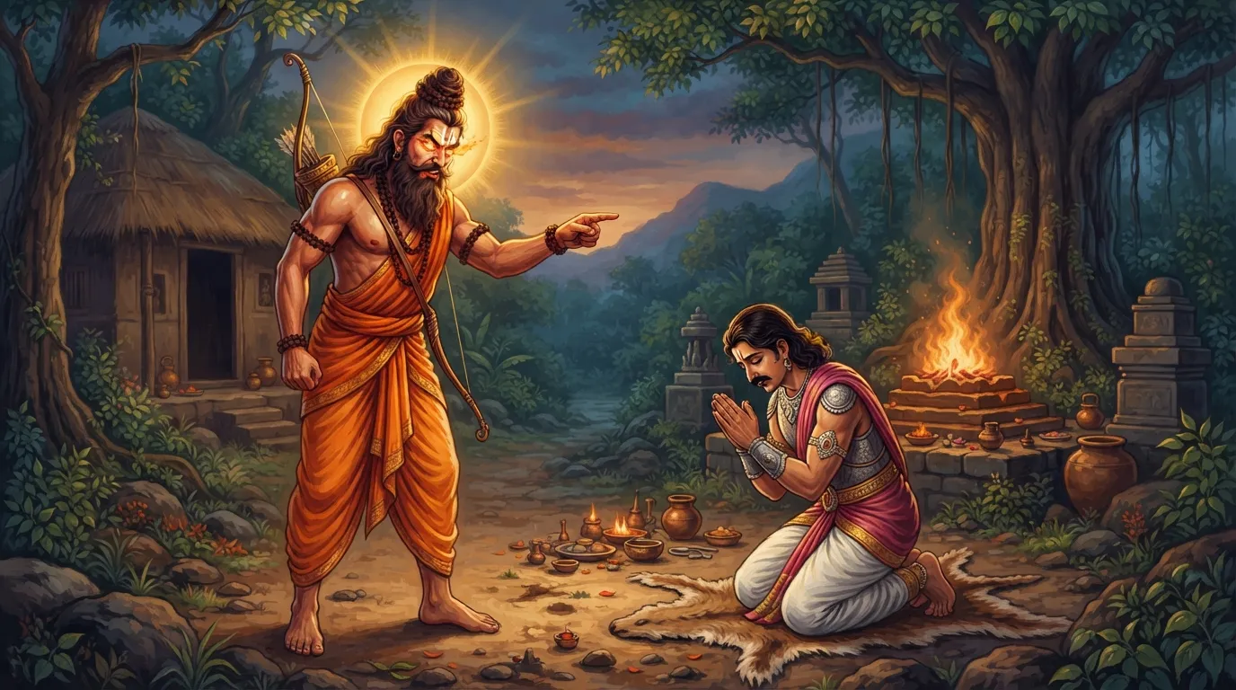गुरु परशुराम क्रोध में कर्ण को श्राप दे रहे हैं, उनकी आँखों में निराशा और तेज है, कर्ण घुटनों पर बैठकर क्षमा मांग रहा है। आश्रम का शांत वातावरण तनावपूर्ण है।