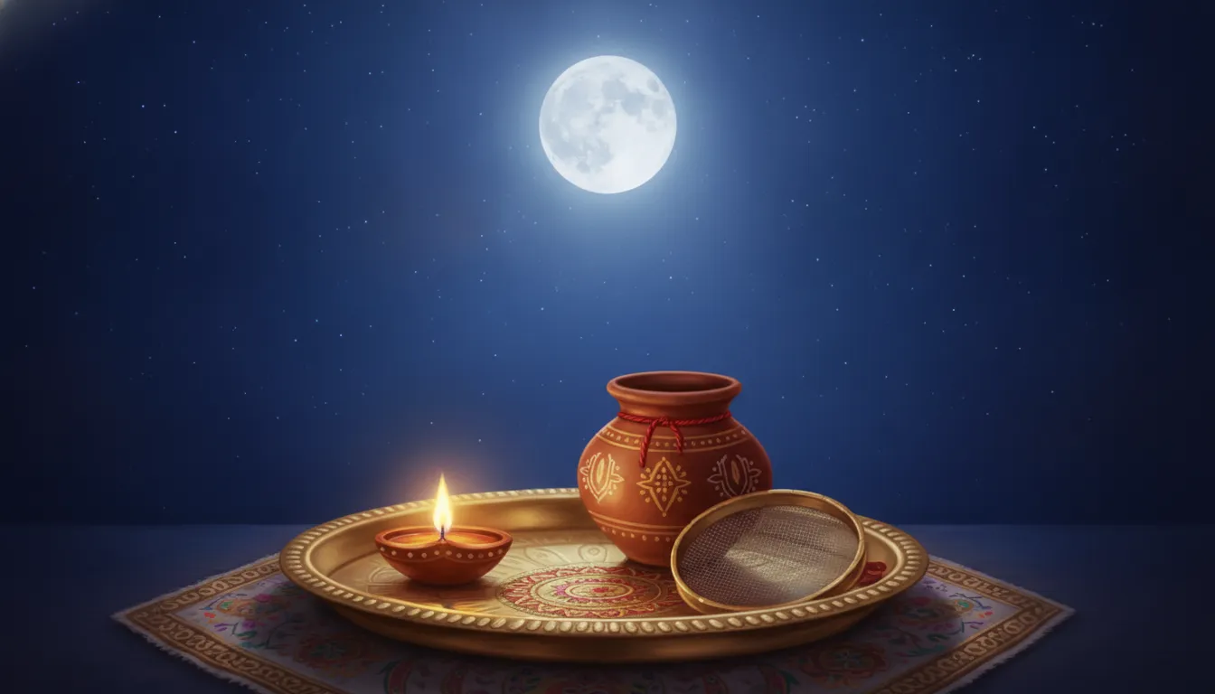 A beautifully decorated Karwa Chauth thali with a diya, a Karwa pot, and a sieve, set against a backdrop of a clear night sky with a full moon.