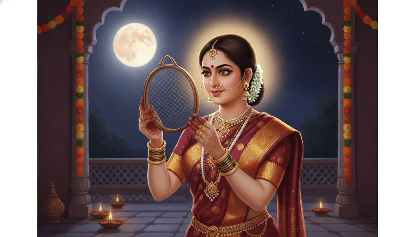 A Hindu woman with intricate mehndi on her hands, holding a beautifully embellished sieve, peeking at the full moon in the dark night sky. She wears a traditional saree.