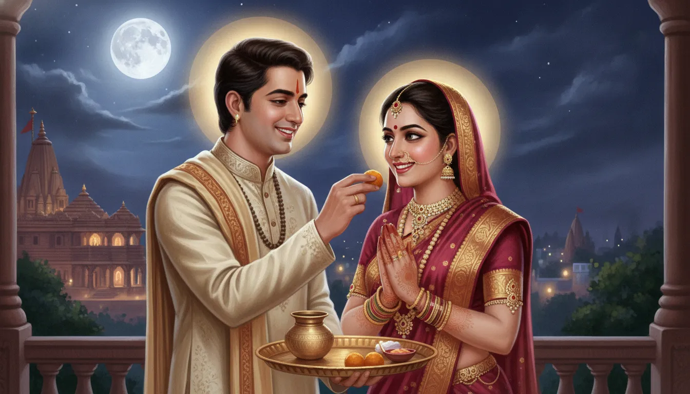 A happy couple celebrating Karwa Chauth at night. The husband is lovingly feeding a sweet to his wife, who has just completed her fast after seeing the moon. Both are smiling warmly.