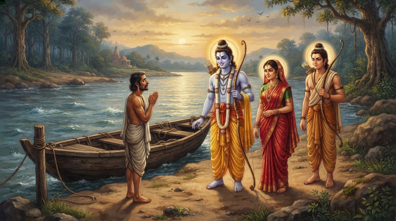 गंगा नदी के किनारे खड़े भगवान श्री राम, माता सीता और लक्ष्मण, सामने हाथ जोड़े खड़ा भोला-भाला केवट और उसकी लकड़ी की नाव