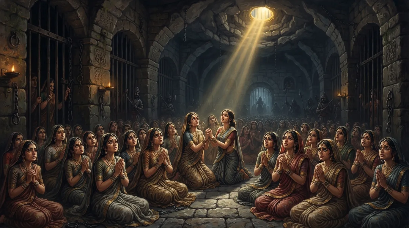 नरकासुर के अंधकार भरे बंदीगृह का दृश्य, जहाँ हज़ारों डरी-सहमी राजकुमारियाँ बैठी हैं और आशा की एक किरण के लिए प्रार्थना कर रही हैं।