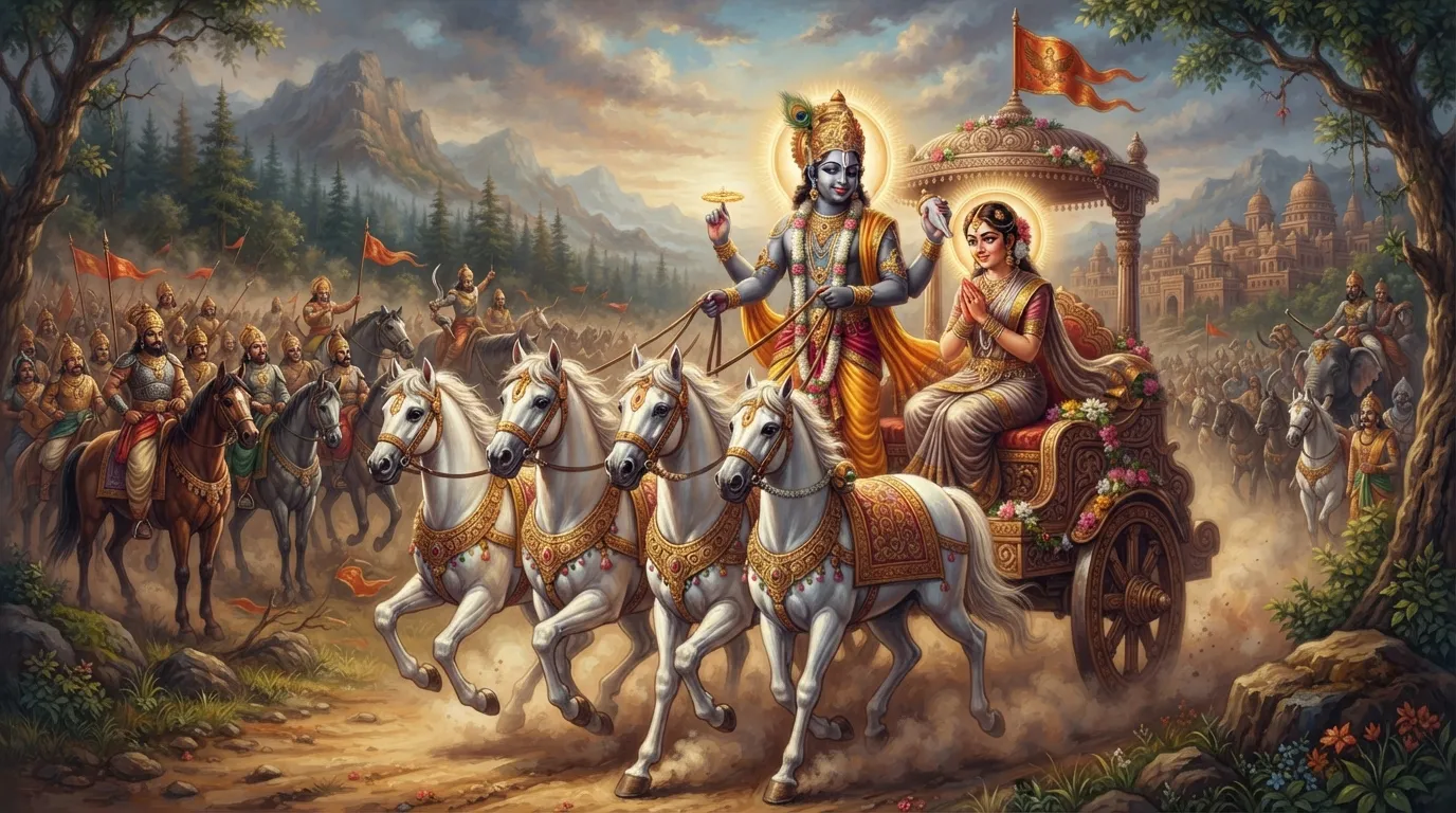 भगवान कृष्ण अपने रथ पर देवी रुक्मिणी को बैठाकर ले जा रहे हैं। रुक्मिणी लज्जा और प्रेम के भाव से कृष्ण को देख रही हैं और कृष्ण आत्मविश्वास से रथ हाँक रहे हैं। पीछे अन्य राजाओं की सेना हैरान दिख रही है।