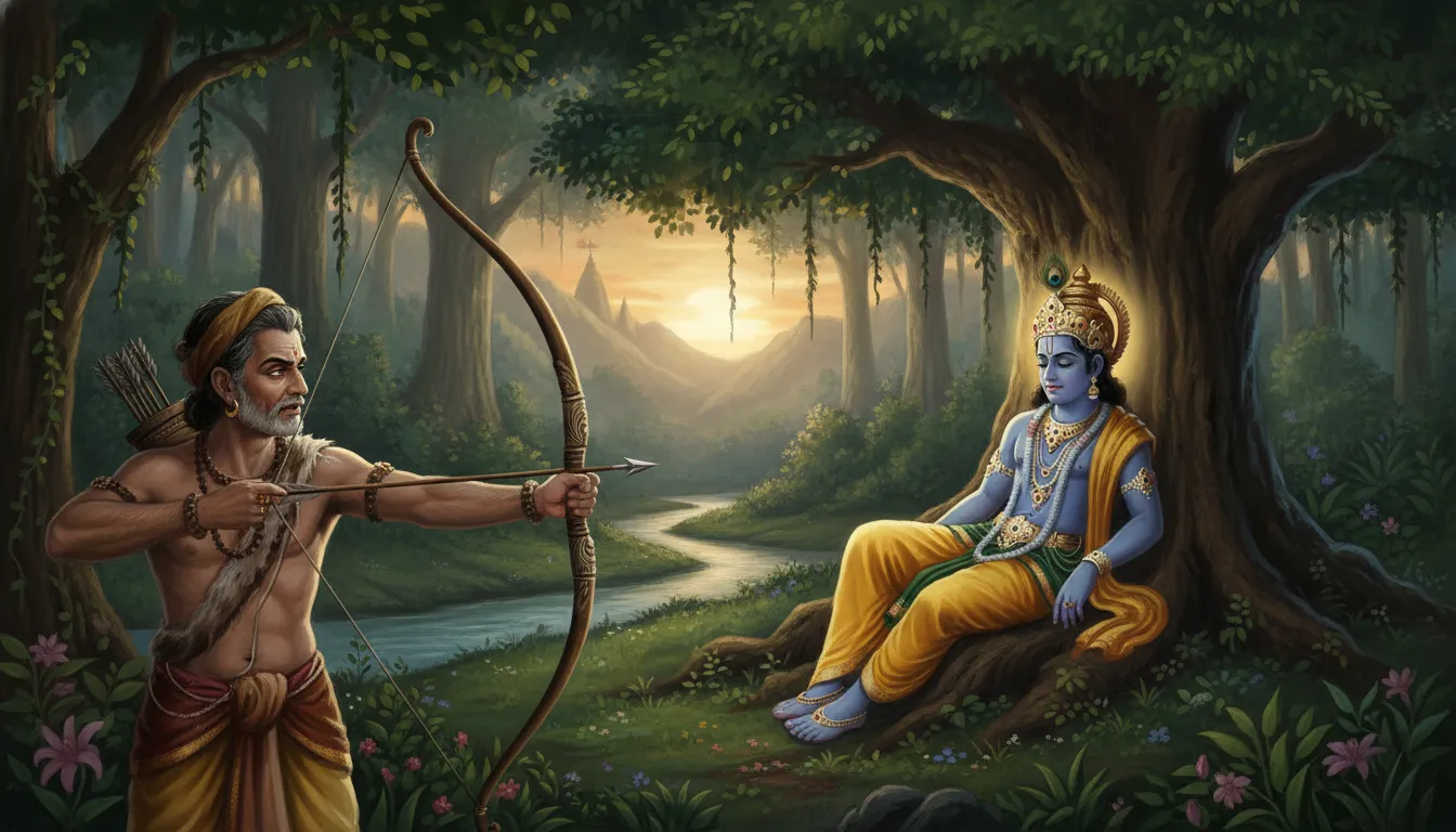 एक घने जंगल में, एक शिकारी (जरा) दूर से एक पेड़ के नीचे लेटे हुए कृष्ण के पैर को हिरण समझकर धनुष से तीर चला रहा है। भाव में दुविधा और एकाग्रता हो।
