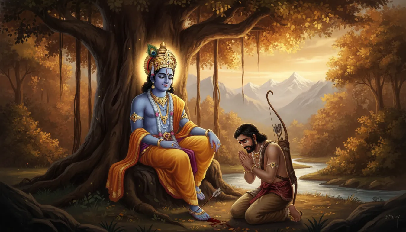 भगवान कृष्ण एक पेड़ के नीचे बैठे हैं, उनके पैर में तीर लगा है। उनके सामने शिकारी जरा हाथ जोड़कर पश्चाताप में रो रहा है। कृष्ण के चेहरे पर दर्द नहीं, बल्कि एक शांत और क्षमाशील मुस्कान है।