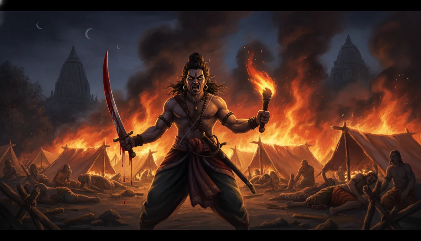 मध्यरात्रि का दृश्य, पांडवों का शिविर जल रहा है, और अश्वत्थामा हाथ में रक्त से सनी तलवार लिए क्रोधित और उन्मत्त अवस्था में खड़ा है। पृष्ठभूमि में अशांति और भय का माहौल है।