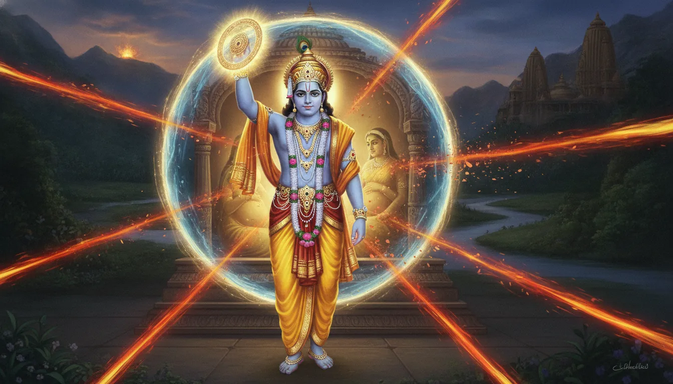 भगवान कृष्ण अपने सुदर्शन चक्र से एक दिव्य ऊर्जा कवच बनाकर उत्तरा के गर्भ की रक्षा कर रहे हैं, जबकि ब्रह्मास्त्र की विनाशकारी किरणें उस कवच से टकराकर निष्प्रभावी हो रही हैं। कृष्ण के चेहरे पर दृढ़ संकल्प है।