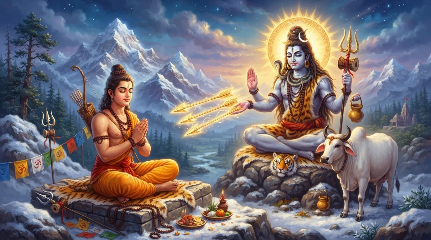हिमालय की बर्फीली चोटी पर ध्यान में बैठे युवा योद्धा बर्बरीक, भगवान शिव उन्हें तीन दिव्य सुनहरे बाणों का वरदान दे रहे हैं।