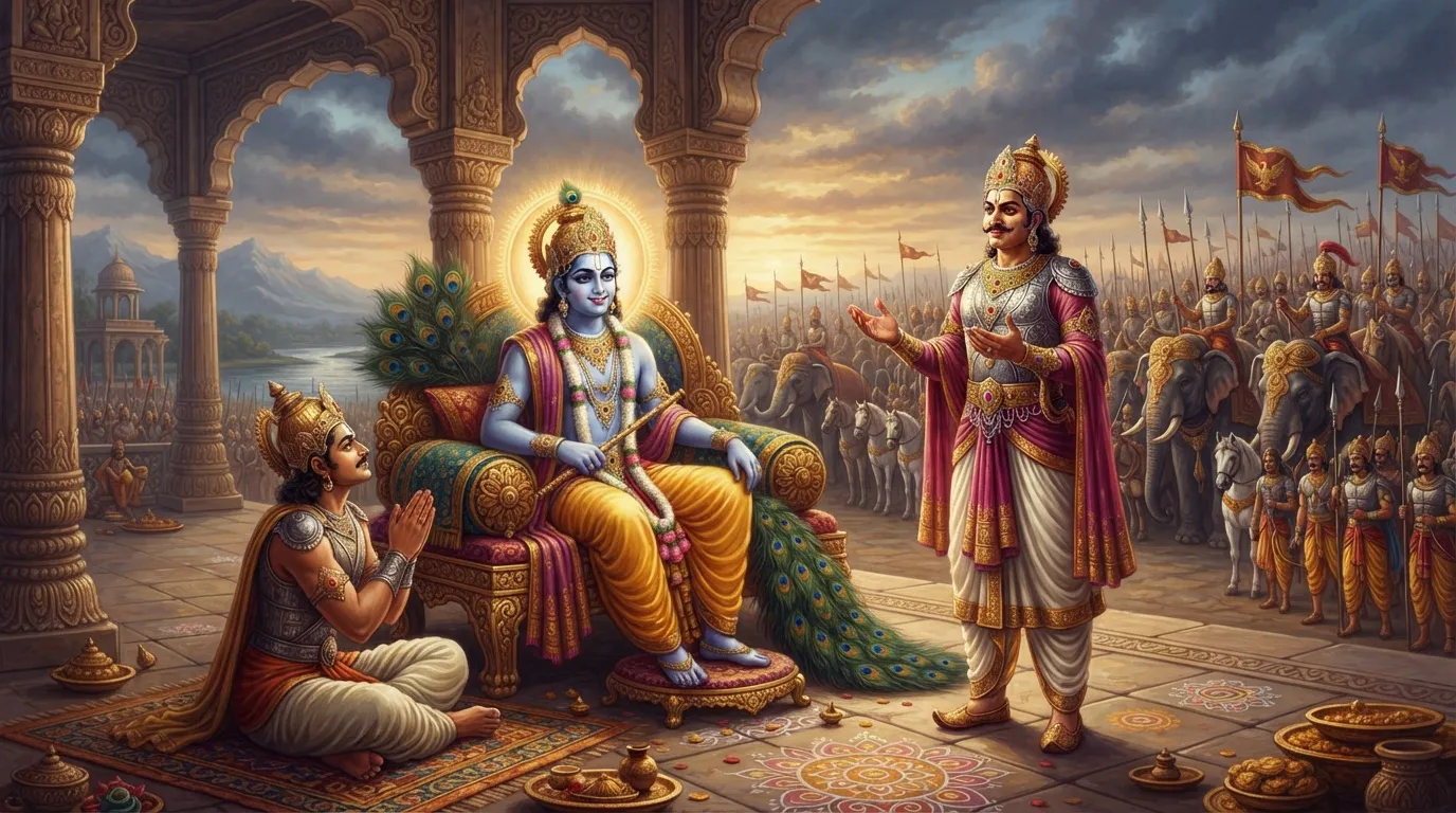 दुर्योधन कृष्ण की विशाल नारायणी सेना को गर्व से स्वीकार कर रहा है, जबकि अर्जुन कृष्ण के चरणों में हाथ जोड़े कृतज्ञता से बैठे हैं। कृष्ण शांत भाव से दोनों को देख रहे हैं।