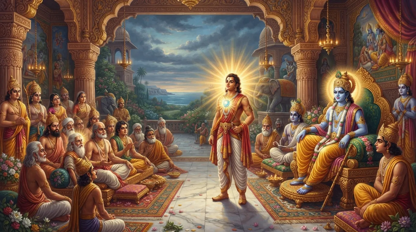 द्वारका के राजदरबार का दृश्य, जहाँ सत्राजित अपने गले में सूर्य की तरह चमकती स्यमंतक मणि पहने अहंकार से खड़ा है, और श्री कृष्ण शांत भाव से उसे देख रहे हैं।