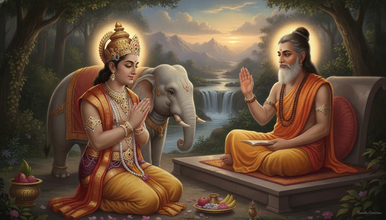 शांत और दिव्य आभा वाले कुबेर अपने पिता ऋषि विश्रवा से आशीर्वाद ले रहे हैं। उनके चेहरे पर भक्ति और विनम्रता का भाव है और ऋषि उन्हें स्नेह से देख रहे हैं।