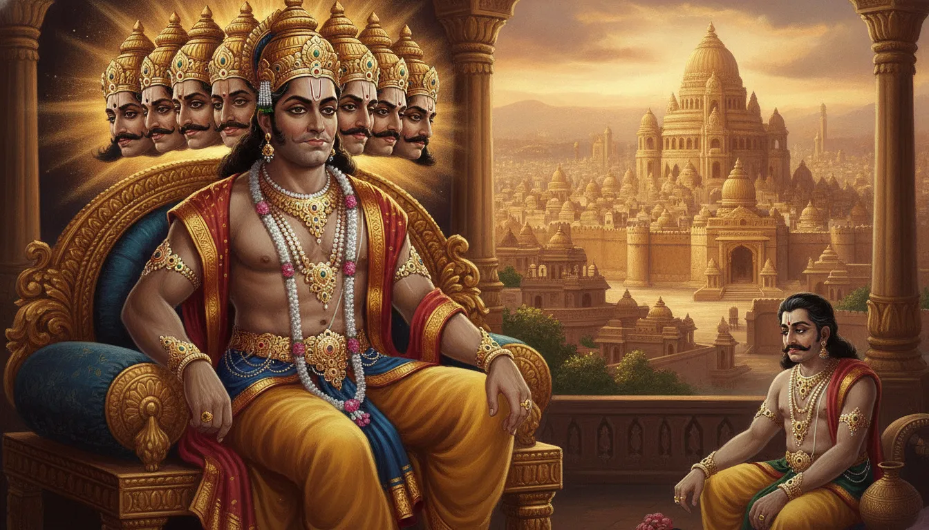 रावण अपने दस सिरों के साथ लंका के राजसिंहासन पर अहंकार से बैठा है। उसके पीछे सोने की लंका की भव्यता दिख रही है, जबकि एक कोने से कुबेर दुखी मन से अपनी नगरी को छोड़कर जाते हुए दिखाए गए हैं।