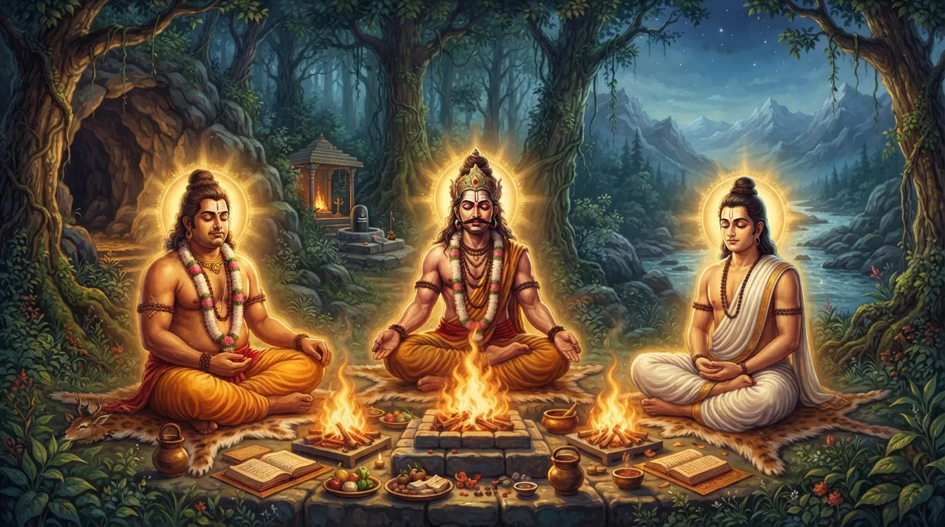 घने जंगल में तीन भाई - रावण, कुम्भकर्ण और विभीषण - अपनी-अपनी यज्ञ-अग्नि के सामने आँखें बंद किए घोर तपस्या में लीन हैं। उनके शरीर पर तेज है और आसपास का वातावरण उनकी ऊर्जा से प्रकाशित है।
