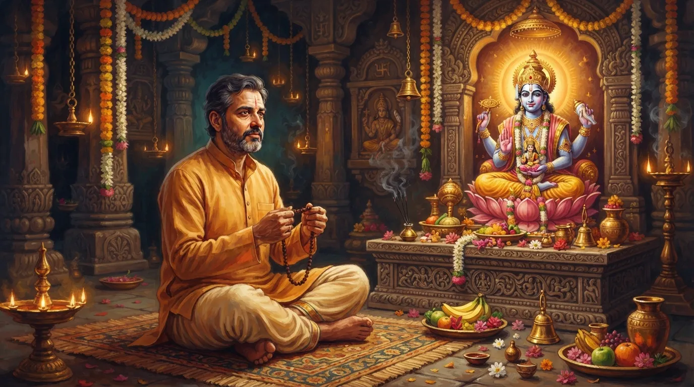 एक शांत पूजा घर में एक व्यक्ति हाथ में माला लिए बैठा है, चेहरे पर श्रद्धा और थोड़ी दुविधा का भाव है। सामने इष्टदेव की सौम्य मूर्ति है।