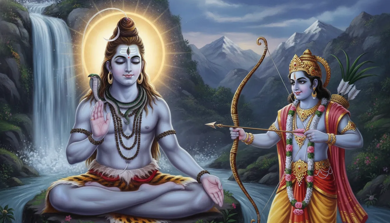 भगवान शिव गहन ध्यान मुद्रा में बैठे हैं, उनकी जटाओं से गंगा की धारा निकल रही है और तीसरी आँख हल्की सी खुली हुई है जिससे सुनहरी रोशनी निकल रही है। कामदेव उनके सामने फूलों का बाण लेकर खड़े हैं।