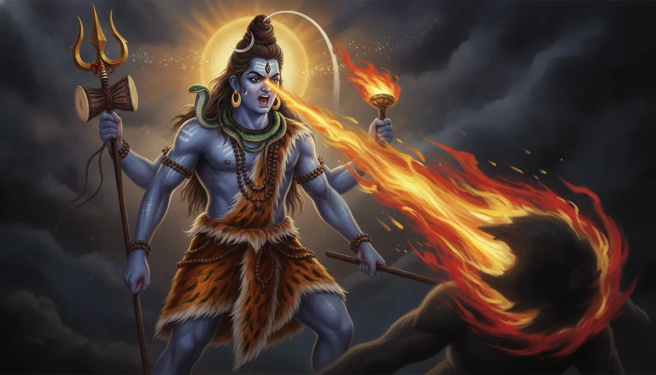 भगवान शिव का रौद्र रूप, उनकी तीसरी आँख से अग्नि की लपटें निकल रही हैं जो एक धुंधली आकृति को भस्म कर रही है। शिव के चेहरे पर तीव्र भाव हैं।