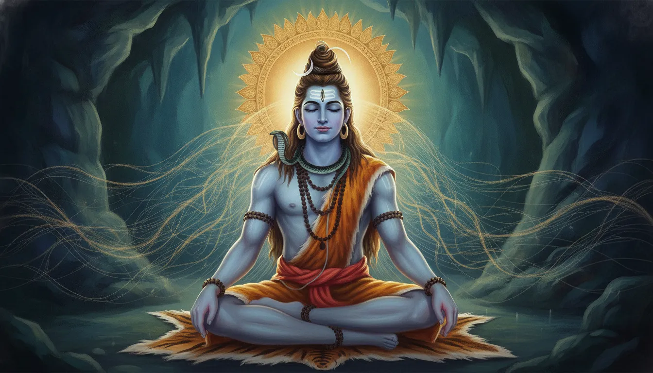 एक व्यक्ति गहरे ध्यान में बैठा है, उसके माथे पर भौंहों के बीच एक हल्की चमक दिख रही है जो आज्ञा चक्र को दर्शा रही है। पीछे सूक्ष्म ऊर्जा के तार निकलते दिख रहे हैं।