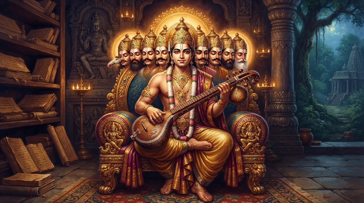 एक भव्य सिंहासन पर बैठे विद्वान रावण की कलात्मक छवि। उसके दस सिर हैं, पर मुख्य सिर पर गर्व का भाव है और बाकी सिर ध्यान या चिंतन की मुद्रा में हैं। उसके हाथ में एक वीणा है और पृष्ठभूमि में प्राचीन ग्रंथ रखे हैं।