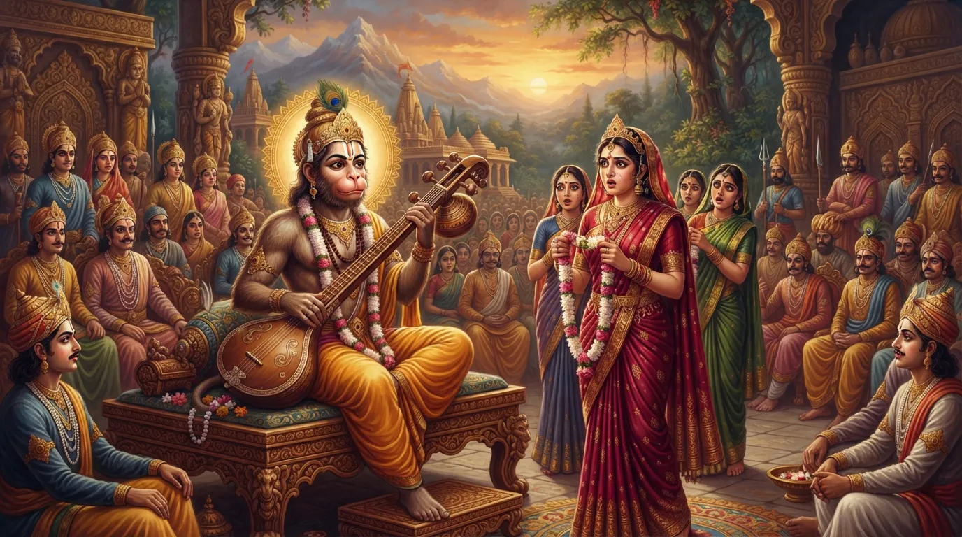 देवर्षि नारद एक सुंदर राजकुमारी के स्वयंवर में बैठे हैं, लेकिन उनका चेहरा एक वानर का है। राजकुमारी उन्हें देखकर हैरान और परेशान है।