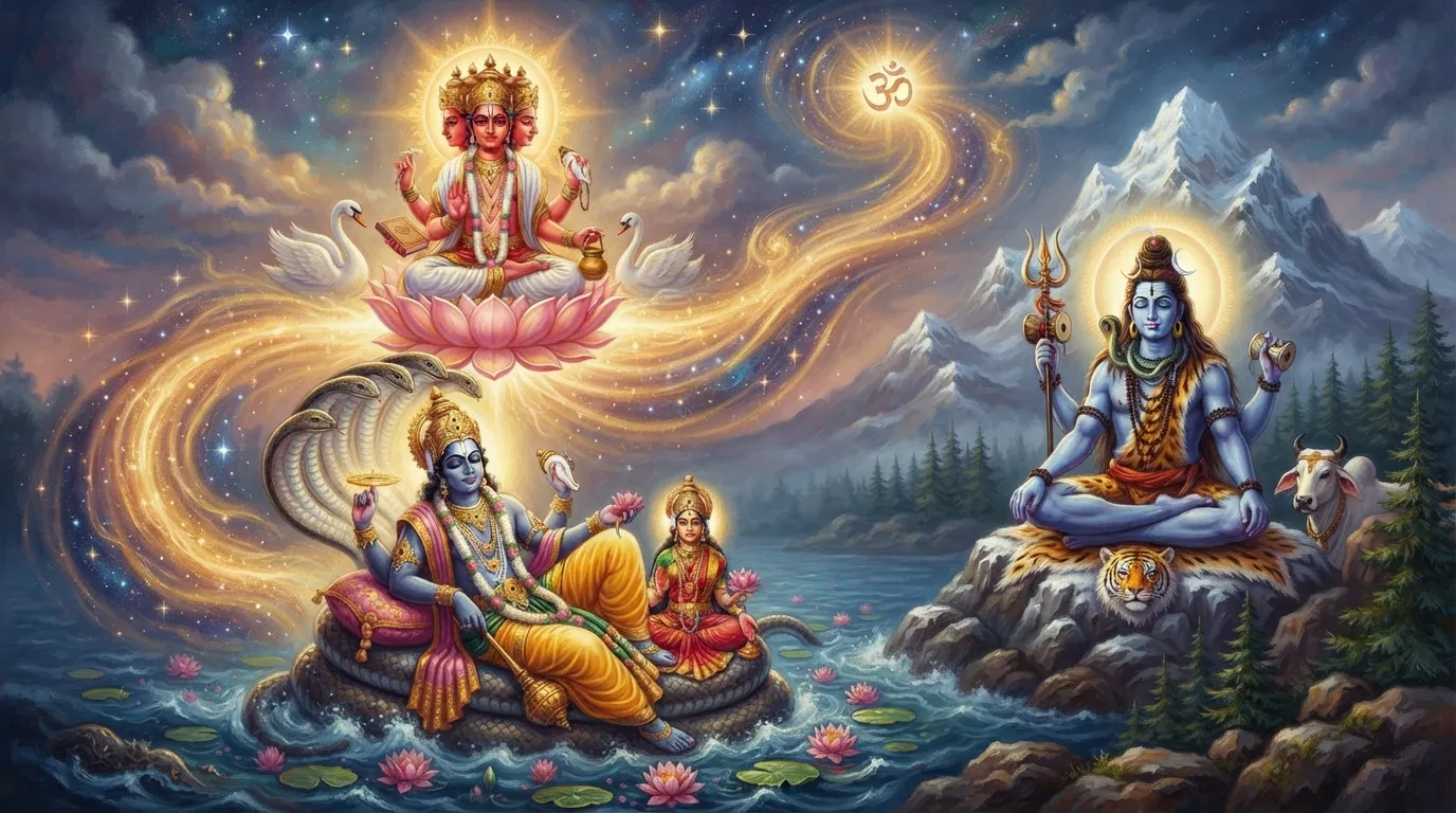 त्रिमूर्ति का एक शांत और दिव्य चित्र, जिसमें ब्रह्मा जी कमल पर विराजमान हैं, विष्णु जी शेषनाग पर लेटे हैं, और शिव जी कैलाश पर ध्यान में लीन हैं। तीनों एक ही ब्रह्मांडीय ऊर्जा के हिस्से के रूप में दिखाए गए हैं।