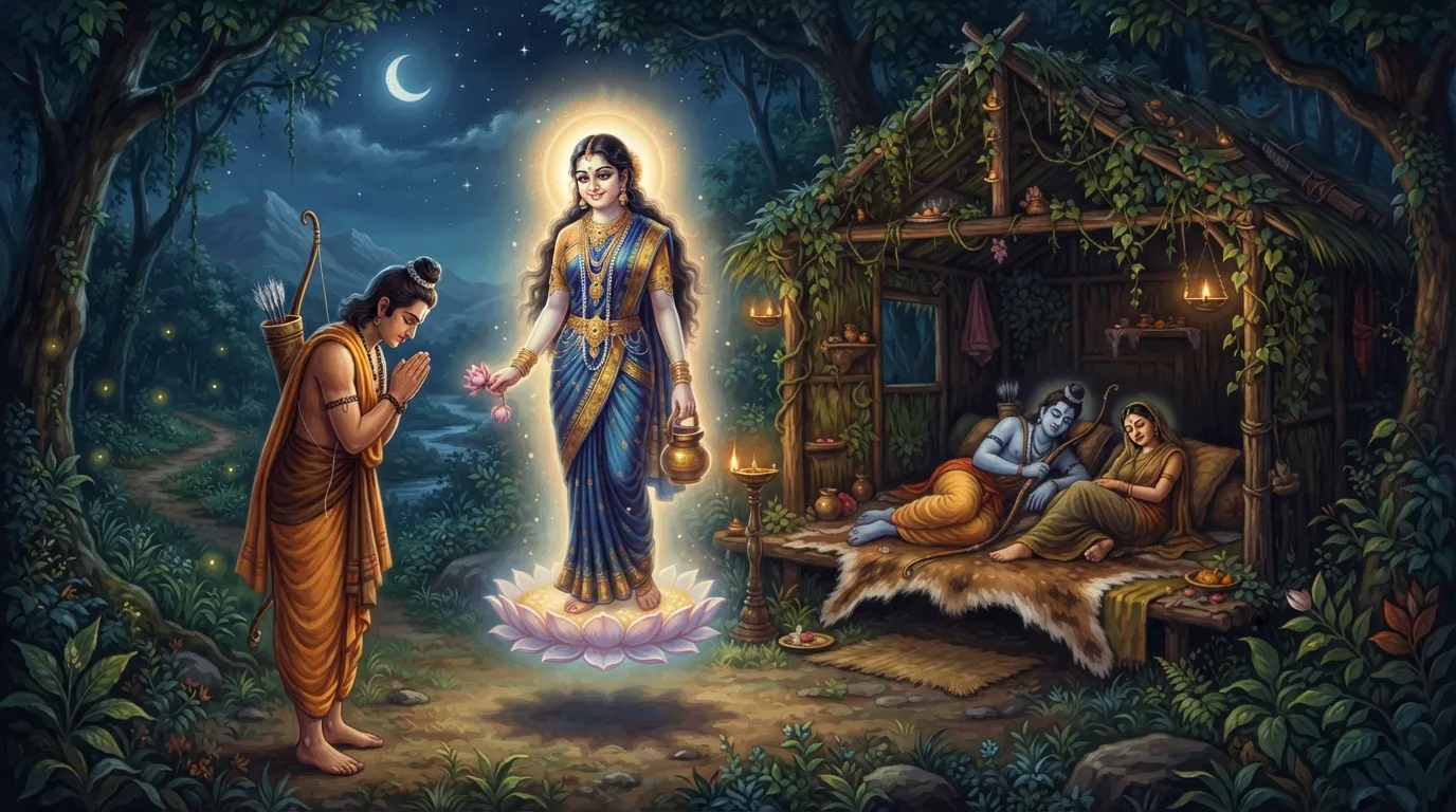 घने जंगल में रात्रि का दृश्य। लक्ष्मण जी हाथ जोड़े खड़े हैं और उनके सामने एक दिव्य प्रकाश में सौम्य रूप धारण किये निद्रा देवी प्रकट हुई हैं। पृष्ठभूमि में एक कुटिया में श्री राम और सीता जी शांति से विश्राम कर रहे हैं।