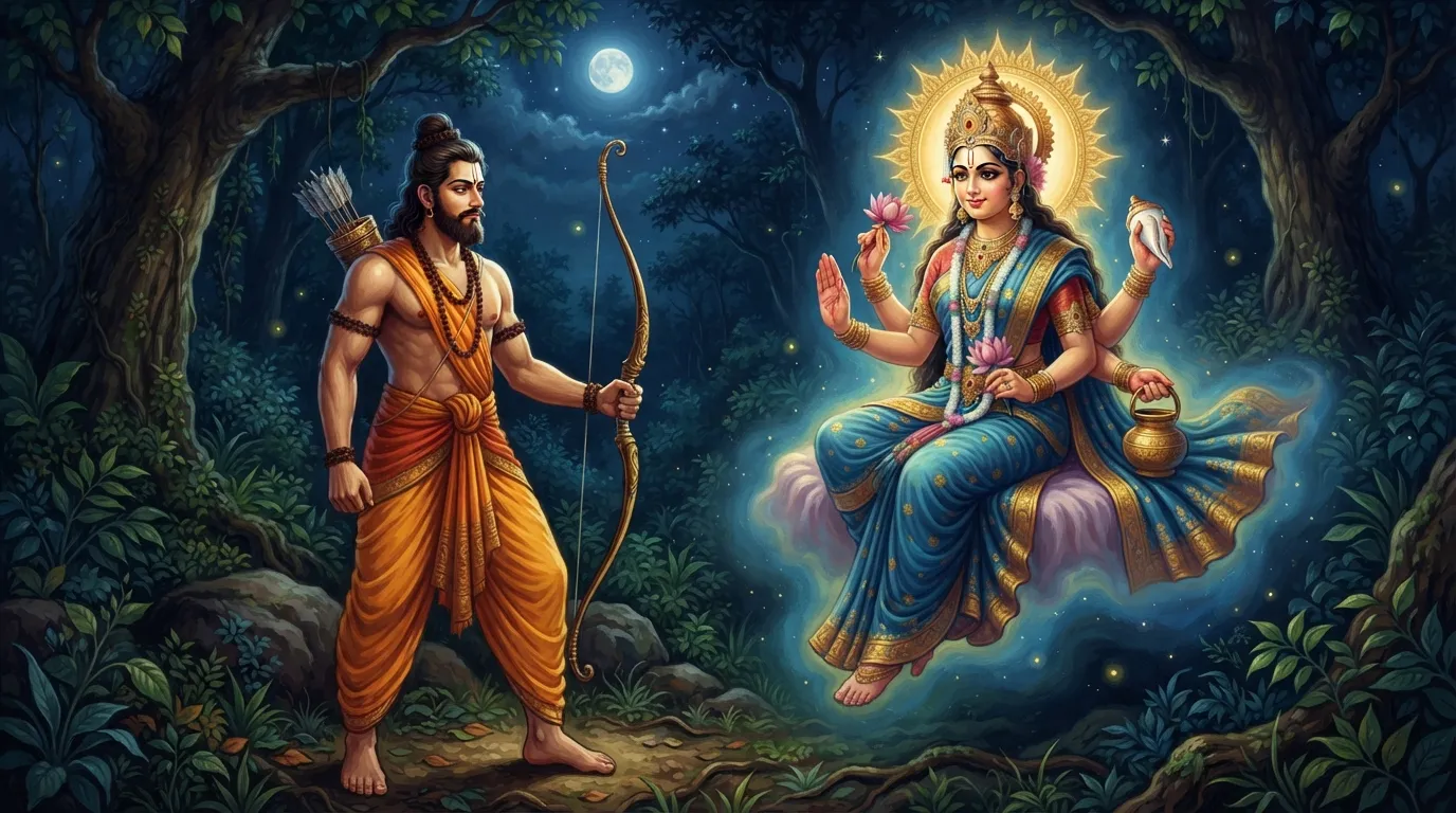 लक्ष्मण को निद्रा देवी वरदान दे रही हैं। लक्ष्मण धनुष-बाण लिए खड़े हैं, चेहरे पर दृढ़ निश्चय। निद्रा देवी सौम्य रूप में, आशीर्वाद की मुद्रा में। पीछे घना जंगल और रात का दृश्य।