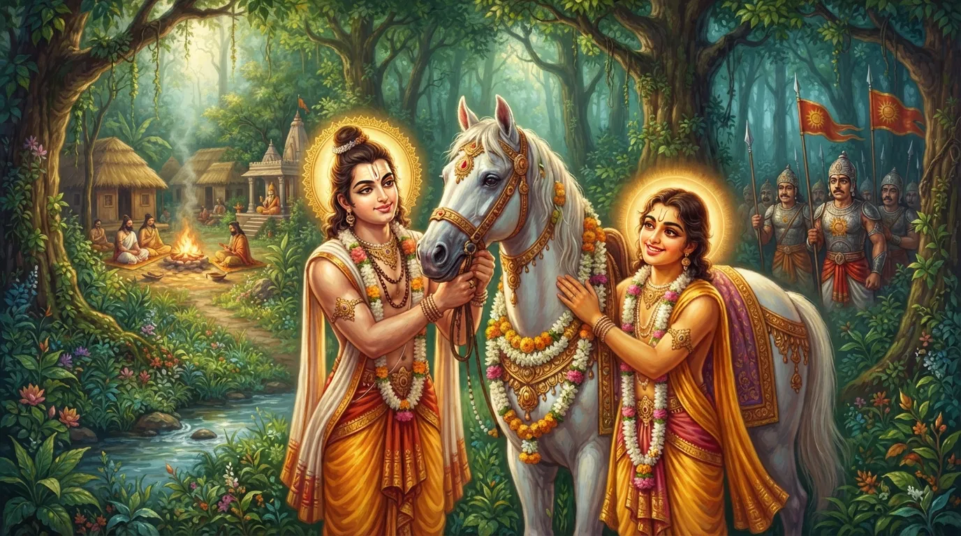 दो तेजस्वी बालक, लव और कुश, एक घने जंगल में एक सुंदर सफेद घोड़े को प्रेम से पकड़कर खड़े हैं। उनके चेहरे पर बालसुलभ भोलापन और आत्मविश्वास है। पृष्ठभूमि में महर्षि वाल्मीकि का आश्रम और चिंतित अयोध्या के सैनिक दिखाई दे रहे हैं।