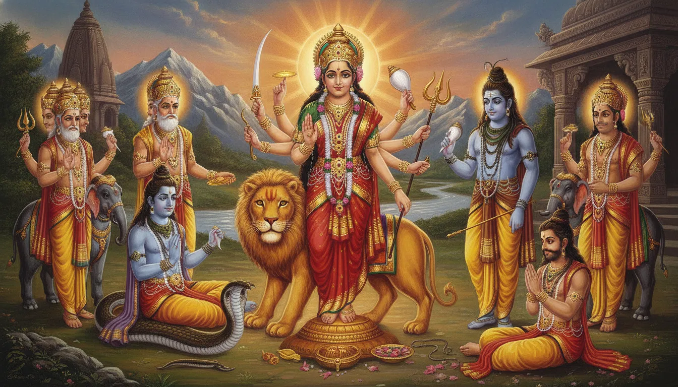 एक दिव्य और भव्य दृश्य जिसमें ब्रह्मा, विष्णु और महेश के तेज से माँ दुर्गा प्रकट हो रही हैं। अन्य देवता जैसे इंद्र, वरुण, अग्नि उन्हें श्रद्धापूर्वक अपने-अपने शस्त्र अर्पित कर रहे हैं। चारों ओर एक सुनहरा प्रकाश है।