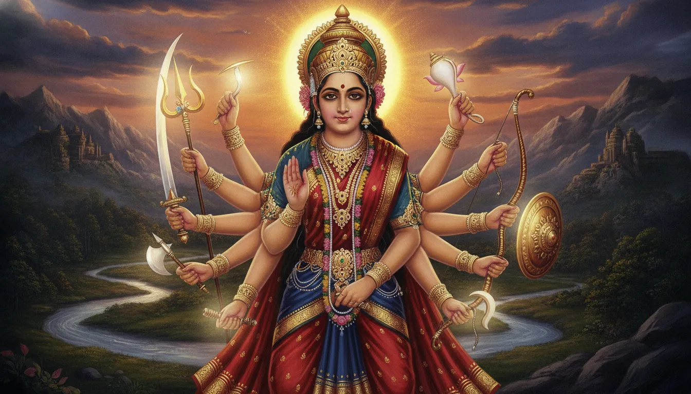 माँ दुर्गा के दस हाथों का एक क्लोज-अप शॉट, जिसमें त्रिशूल, चक्र, तलवार, धनुष-बाण और कमल जैसे कुछ प्रमुख शस्त्र स्पष्ट रूप से दिखाई दे रहे हैं। हर शस्त्र में एक दिव्य चमक है।
