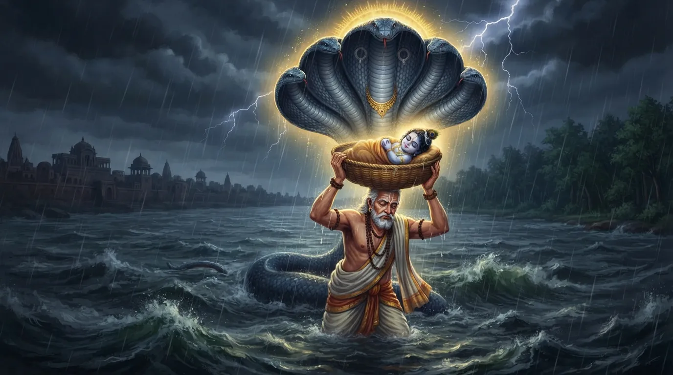 घनघोर बारिश में, वसुदेव एक टोकरी में नवजात कृष्ण को लेकर उफनती यमुना नदी पार कर रहे हैं, शेषनाग अपने फन से उनकी रक्षा कर रहे हैं।