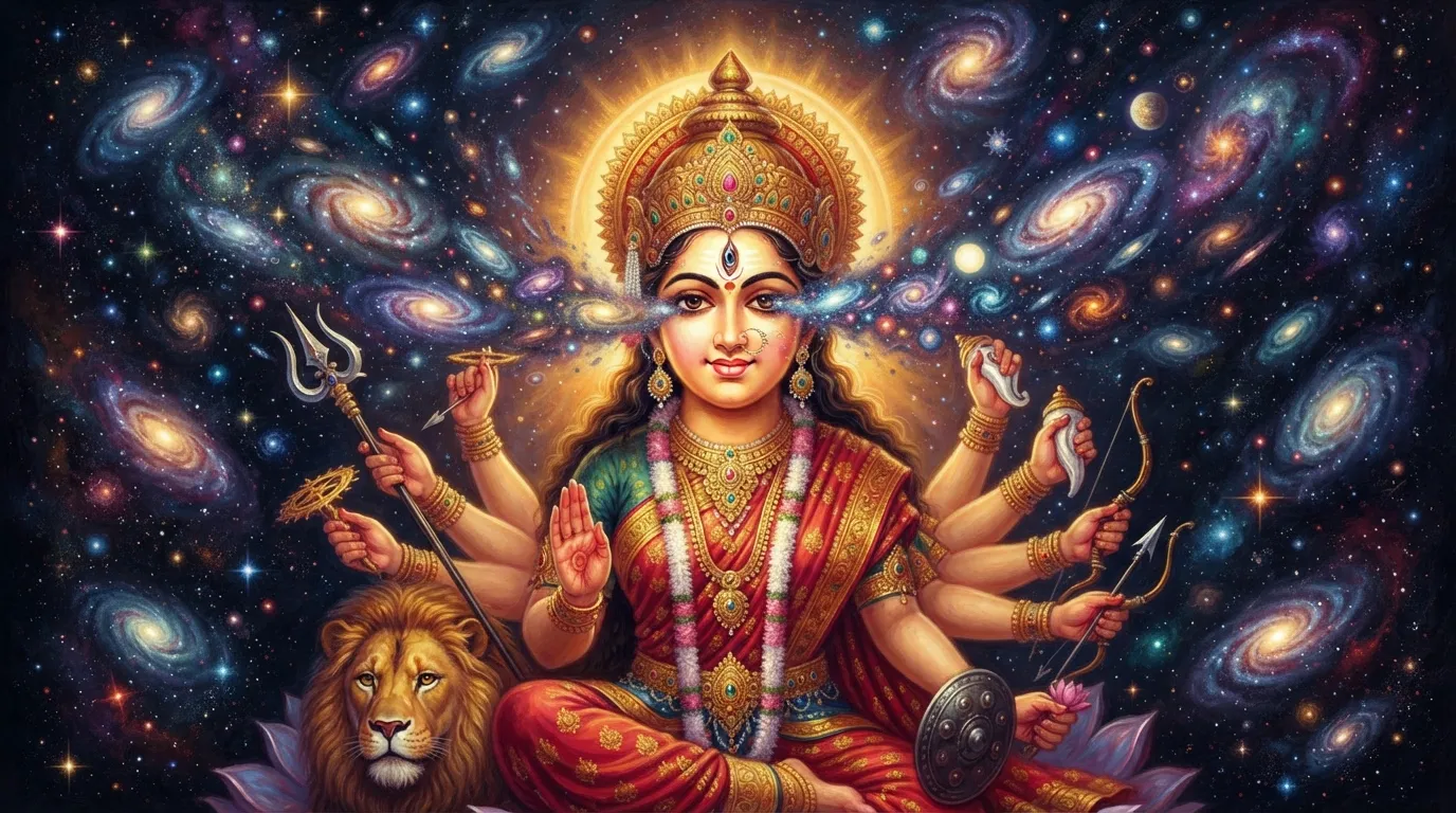 ब्रह्मांड के केंद्र में माँ दुर्गा का शांत और तेजस्वी मुख, जिनसे अनंत आकाशगंगाएँ और तारे निकल रहे हैं, यह दृश्य उनकी रचनात्मक महामाया शक्ति को दर्शाता है